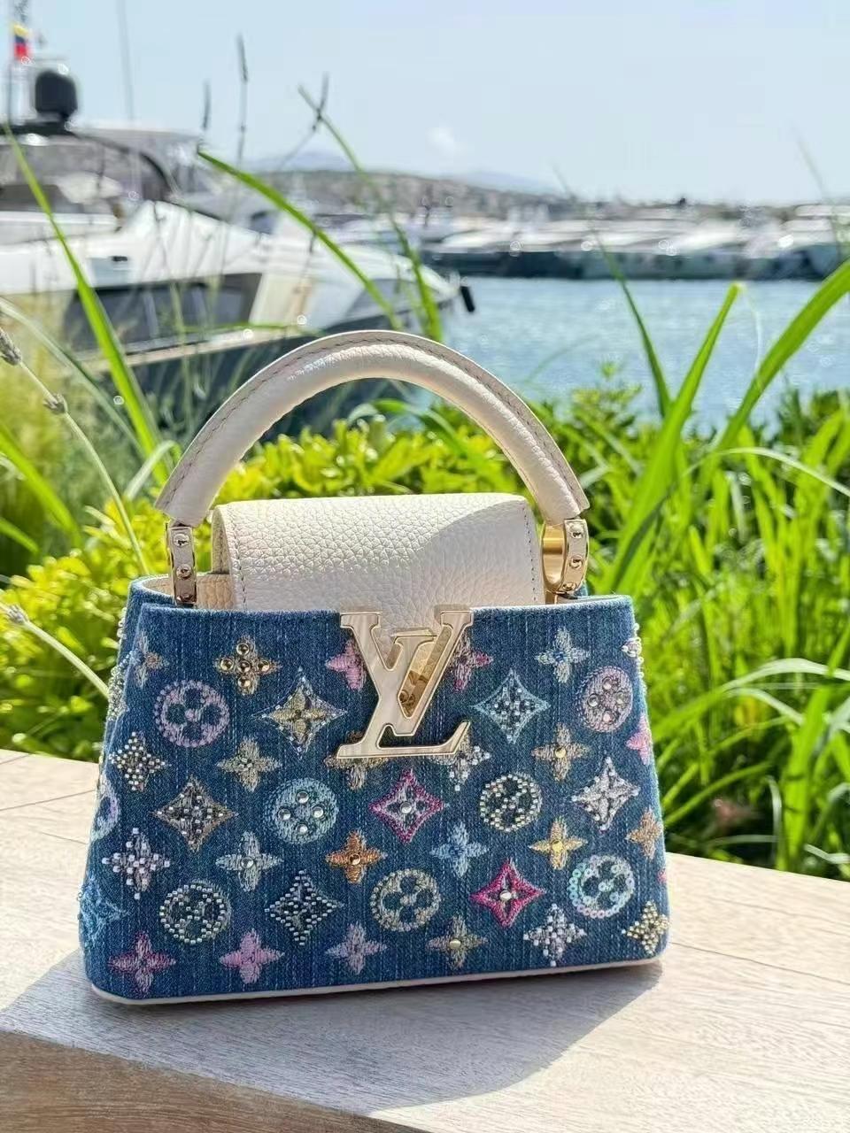 Luxury Denim Embellished Capucines Mini Bag